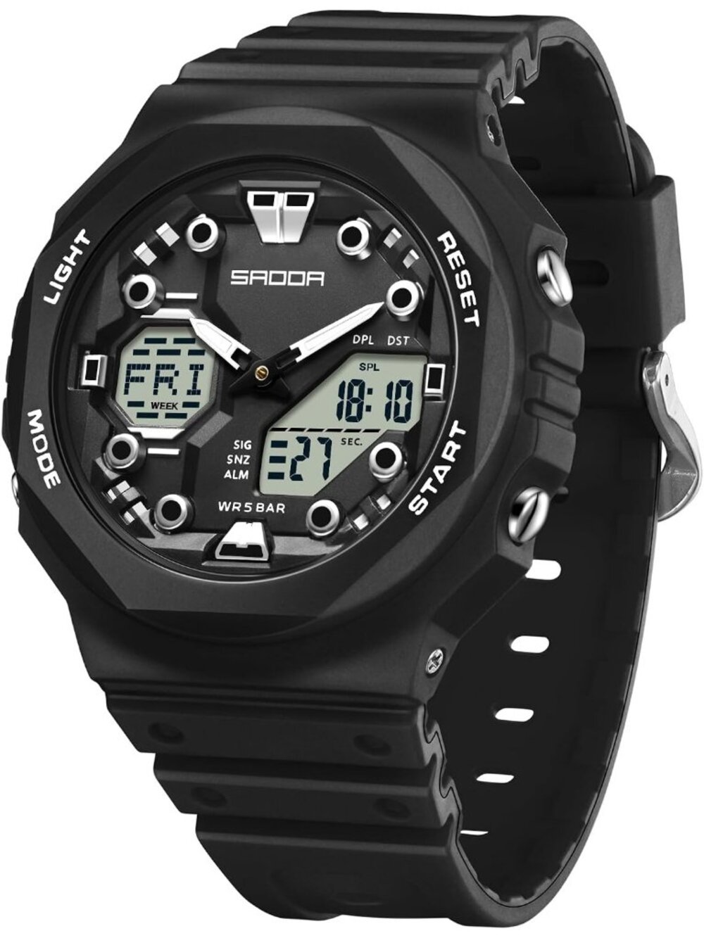 Women's Black White Sports Digital Waterproof Analog LED Backlight Wrist Watch